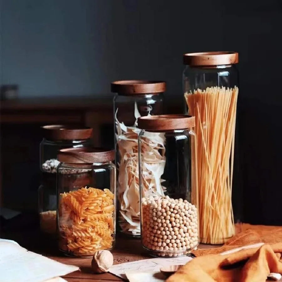 1pc Vintage Glass Storage Jar with Wooden Lid