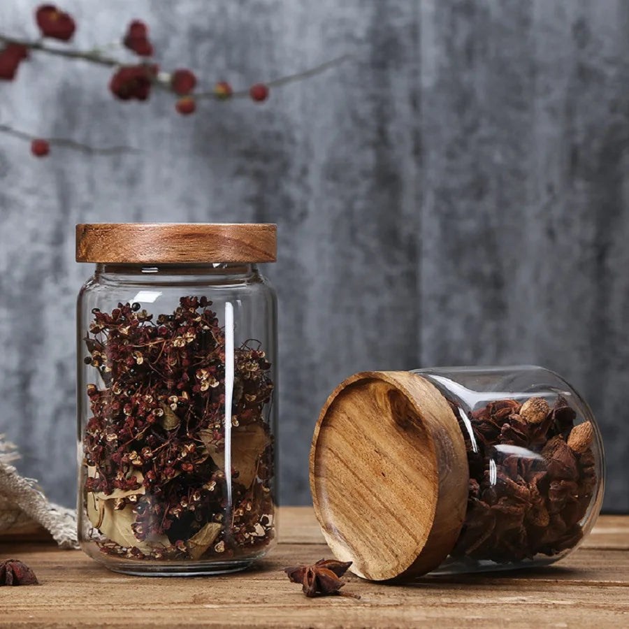 1pc Vintage Glass Storage Jar with Wooden Lid